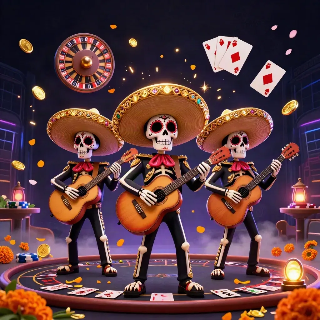 Skeleton mariachi trio with gold coins, roulette wheel, chips, and neon casino fog