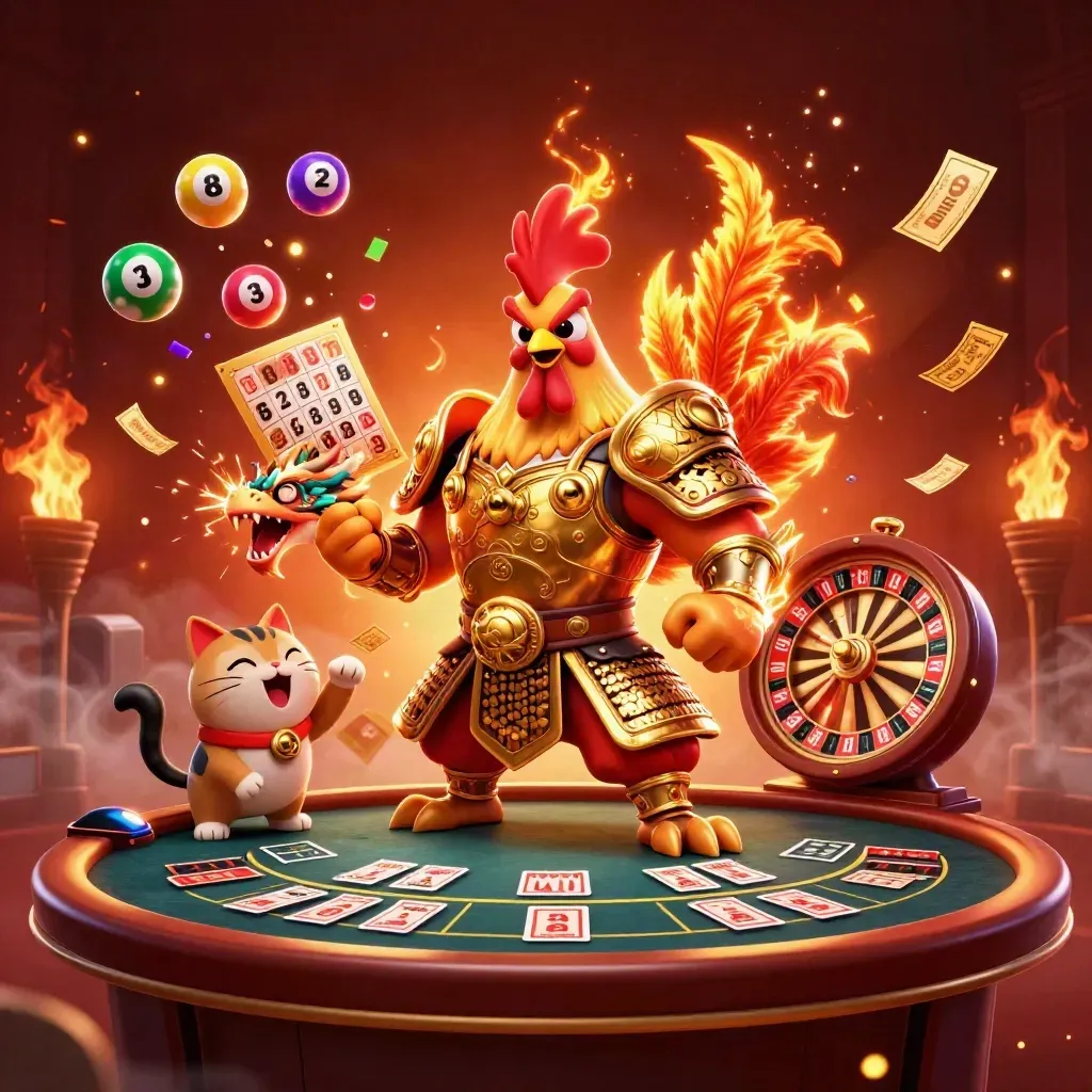 Rooster warrior, dragon hatchling, and fortune cat amid casino rewards and fiery neon glow.