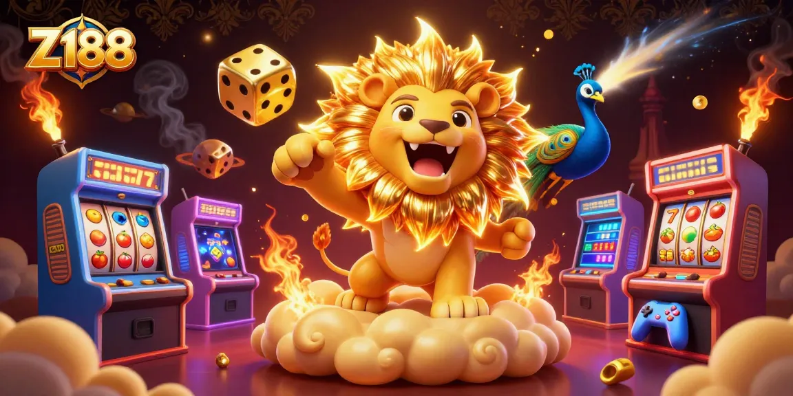 Z188's vibrant 3D casino illustration showcases exhilarating gaming elements and a captivating lion character.