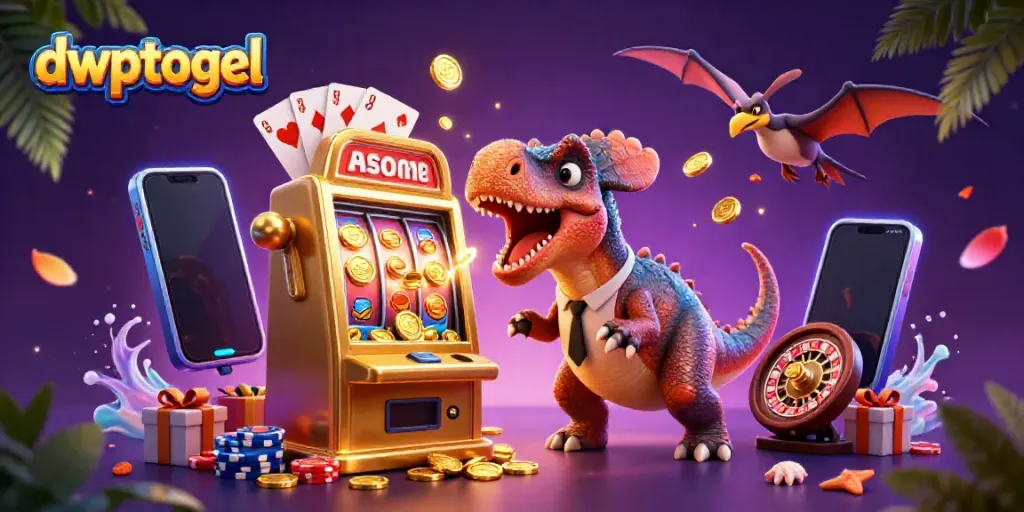 DWPTOGEL menghadirkan ilustrasi kasino dengan dinosaurus kartun dan mesin slot yang mengeluarkan koin emas.