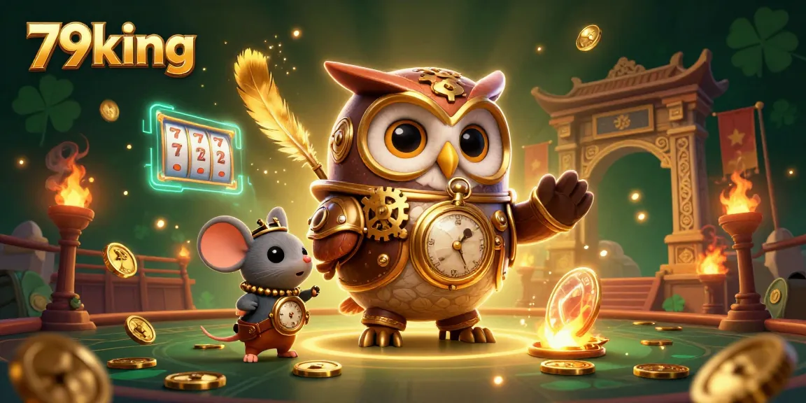 Join the action in 79king's vibrant virtual casino, featuring a steampunk owl and dynamic gaming elements.