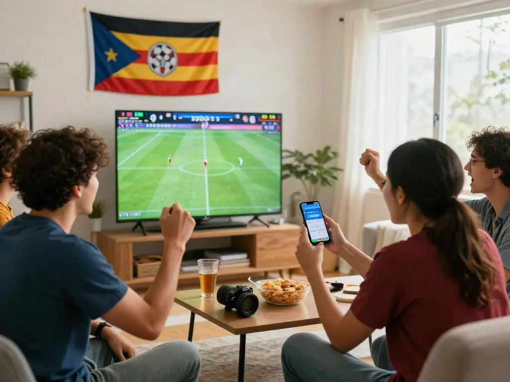Suasana menonton pertandingan sepak bola dengan teman-teman, tampak aplikasi 7meter daftar terbuka di ponsel.