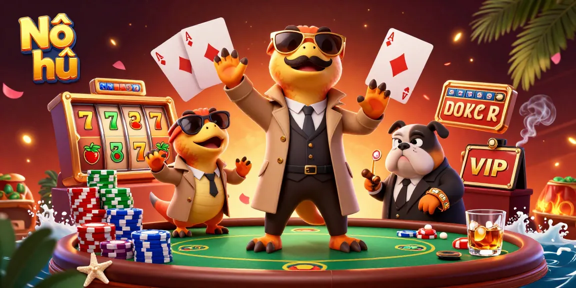 Experience the excitement of Nổ hũ with vibrant slot symbols and raptors in a casino lounge scene.