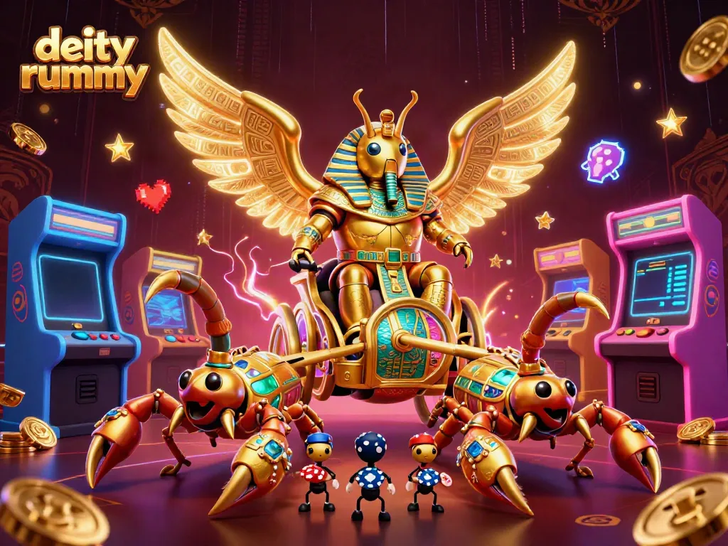 Gambarkan aktivitas gaming di deity rummy dengan ilustrasi 3D menarik dan detail yang kaya.