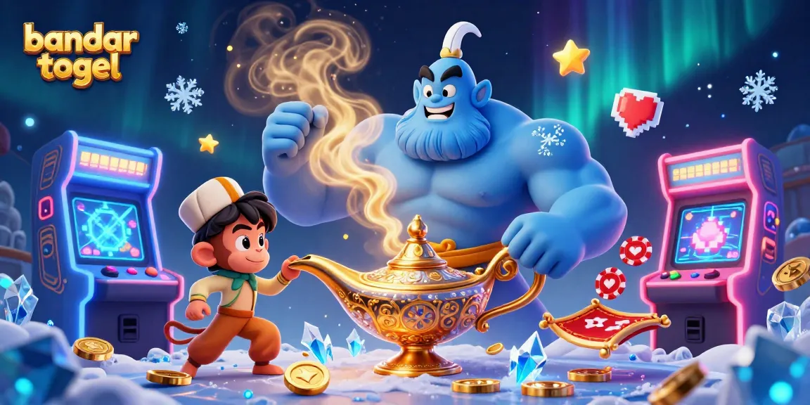Engage with bandar togel through a vivid illustration featuring a genie and casino elements.
