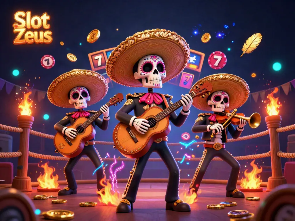 Experience thrilling Slot Zeus gameplay with vibrant mariachi skeletons and exciting slot elements.