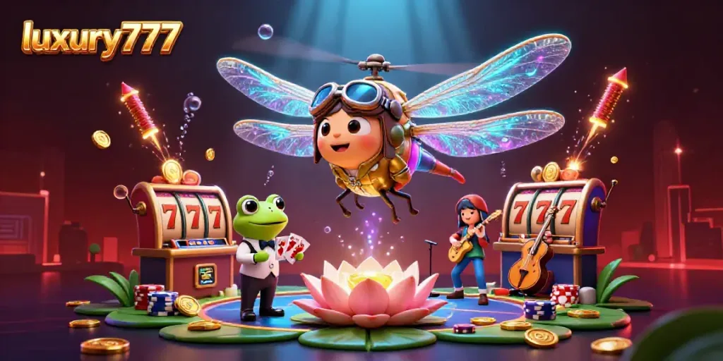Experience vibrant luxury777 casino fun with a dragonfly pilot and lively musical characters.