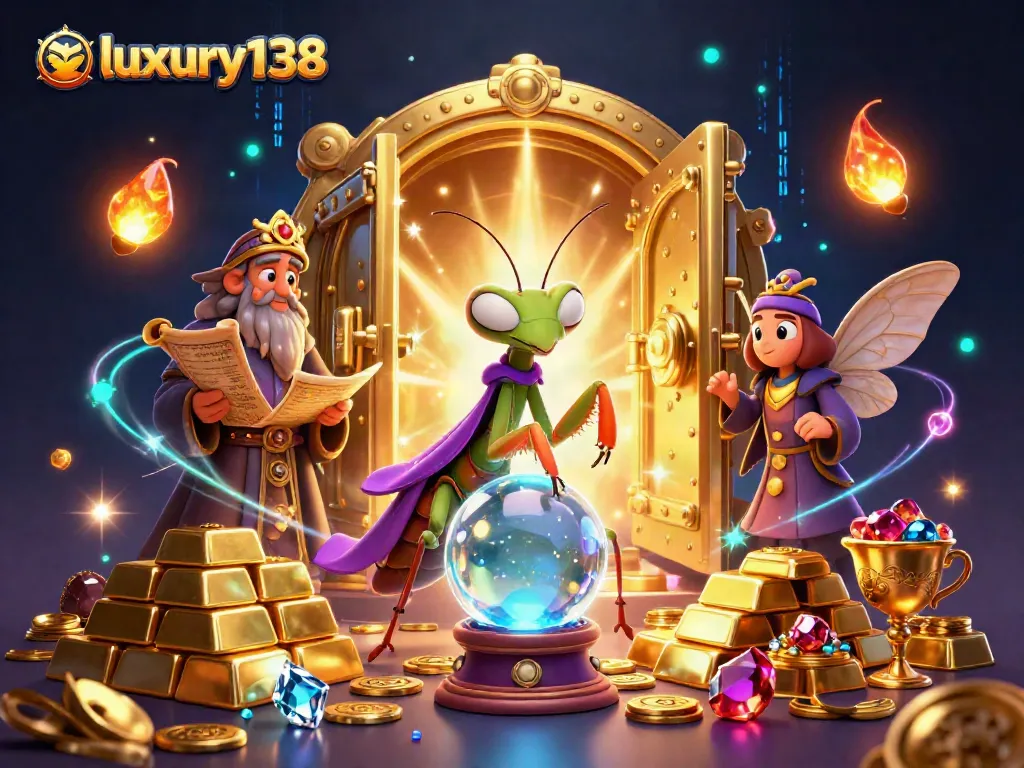 Experience winning strategies with luxury138 in this vibrant casino-themed illustration showcasing fortune tellers and treasures.
