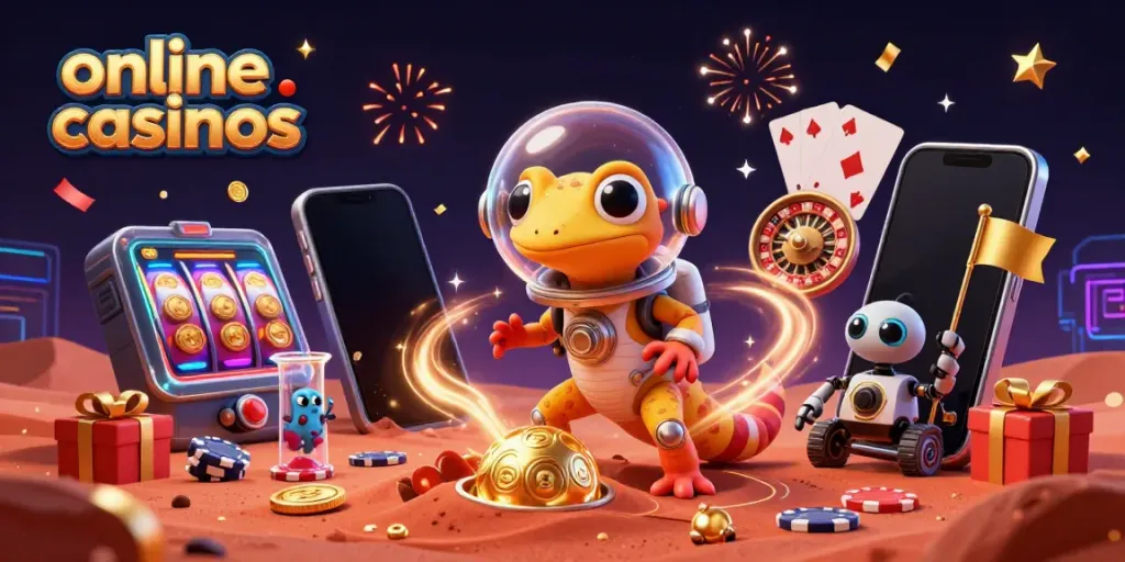 Explore online casinos with a Martian gecko discovering a golden casino on Mars.