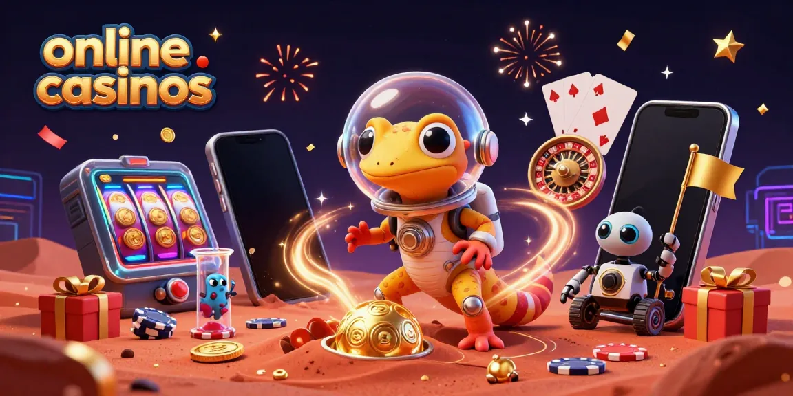 Explore online casinos with a Martian gecko discovering a golden casino on Mars.