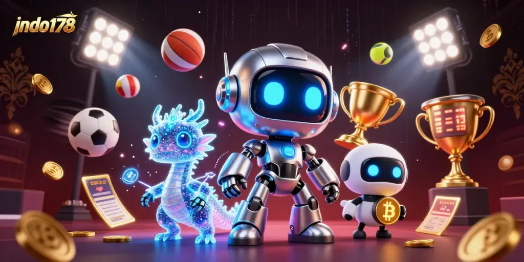 Play and win at indo178, featuring a vibrant 3D casino scene with robots and sports elements.