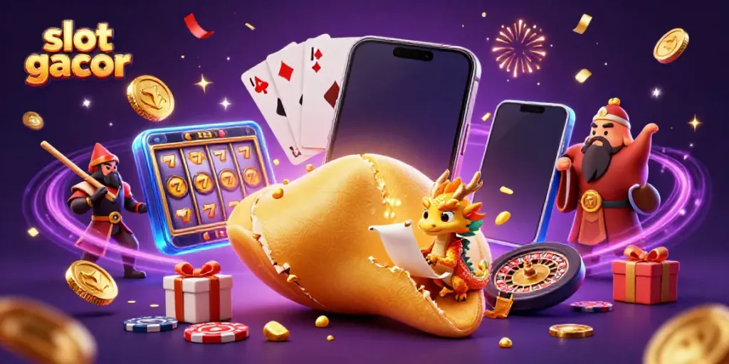 Experience thrilling wins at slot gacor with a giant fortune cookie, magical dragon, and golden excitement!