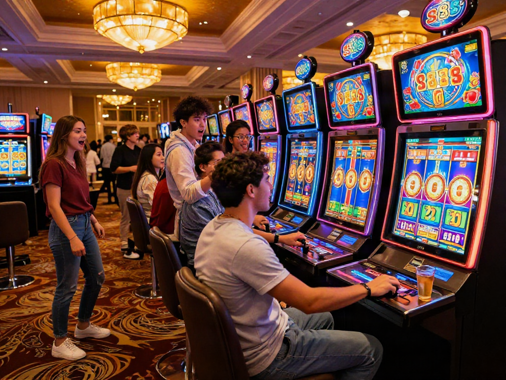 Exciting scene of friends playing slot88 in a vibrant casino, showcasing lights and games.