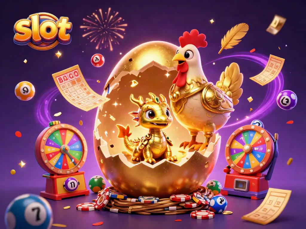Menangkan slot dengan ikonik naga emas dan chip poker di tengah perayaan kasino.