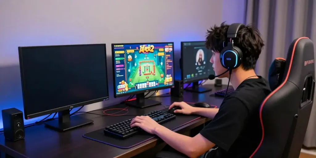 Seorang pemain bermain mesinmpo di setup gaming modern dengan pencahayaan RGB.