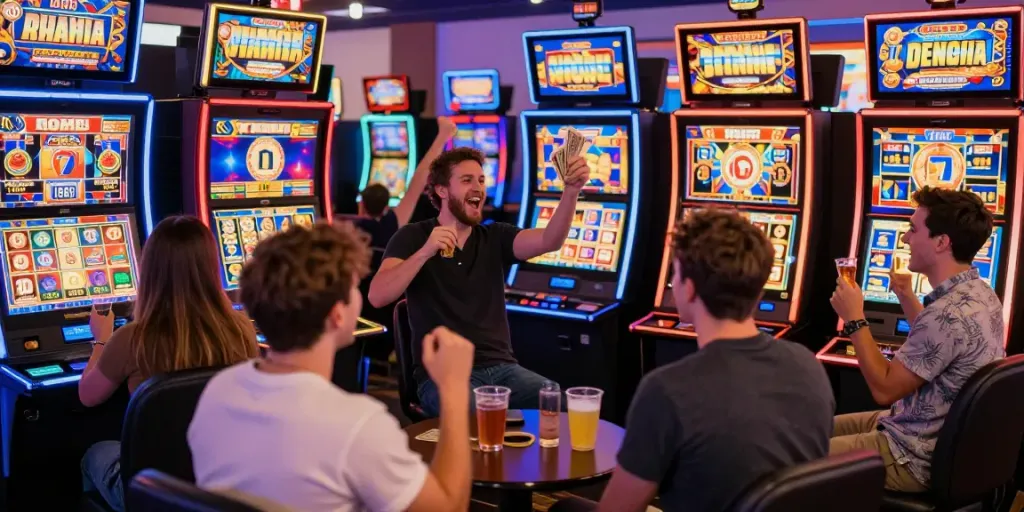 Exciting casino scene with players celebrating big wins at raja slot machines.