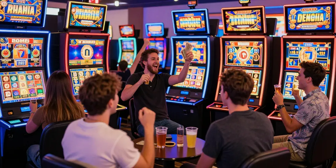 Exciting casino scene with players celebrating big wins at raja slot machines.