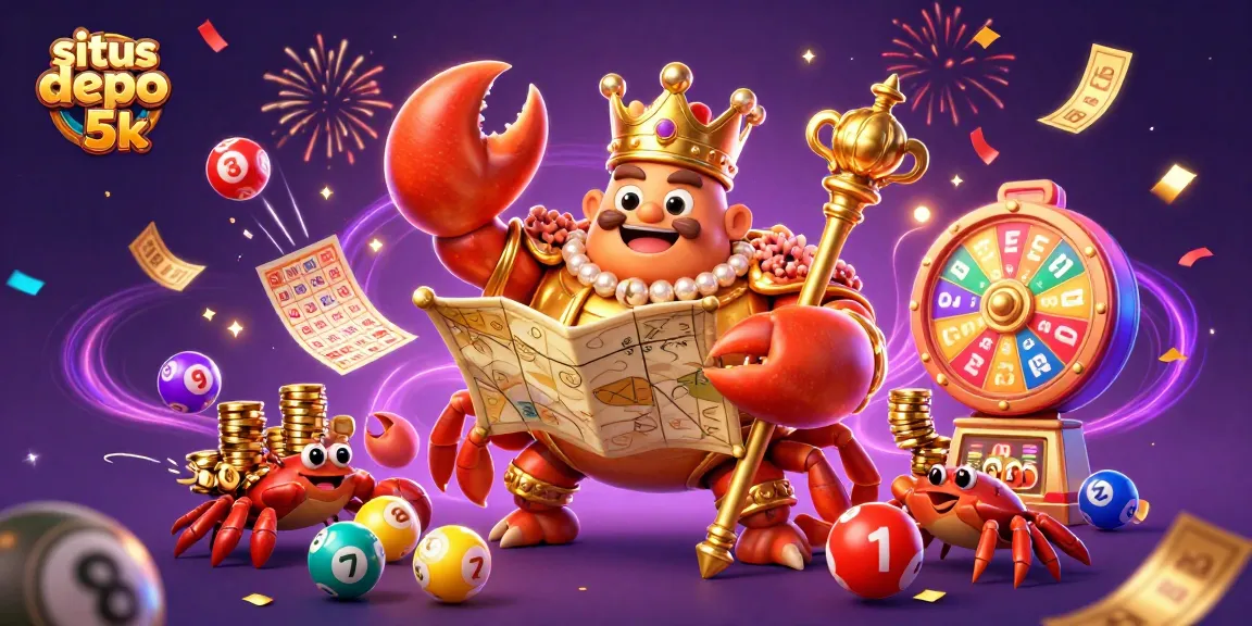 Engage with situs depo 5k featuring a golden crab emperor amidst colorful gaming symbols and vibrant casino elements.