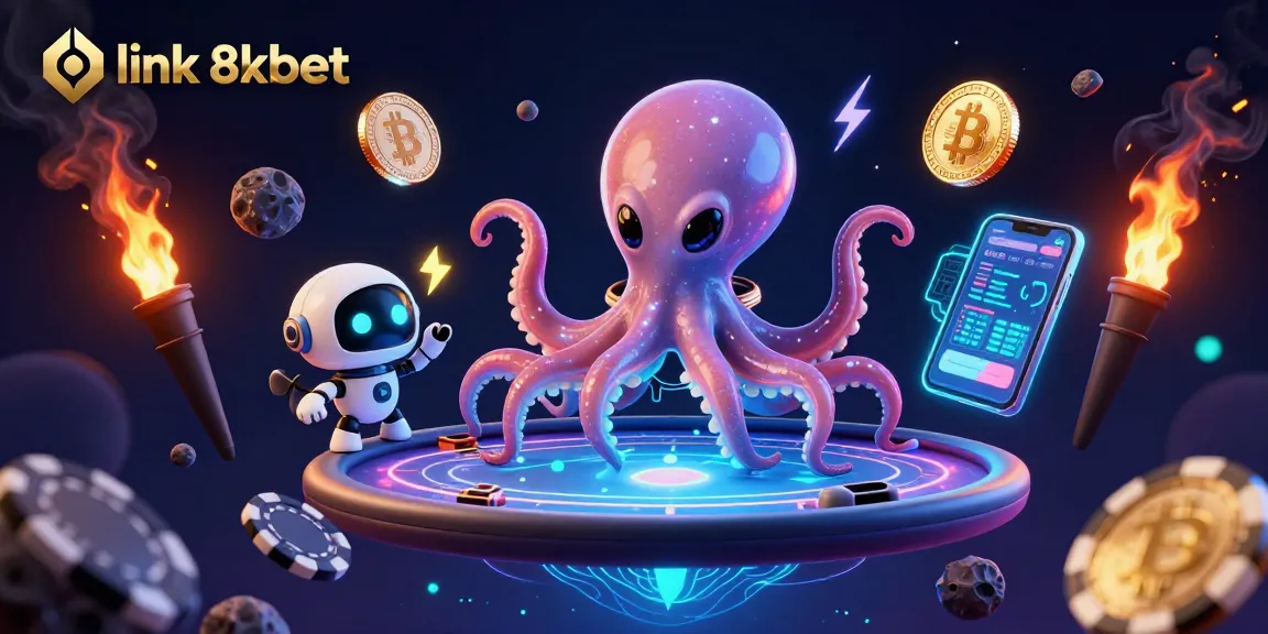 Join the fun at link 8xbet for thrilling gambling adventures with an alien octopus at a holographic poker table.