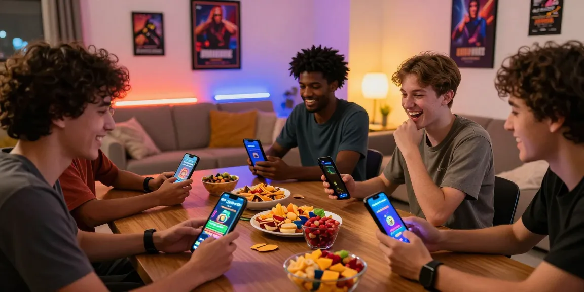 Exciting group enjoying Teen Patti Vegas gameplay on phones from https://teenpattivegasgame.com.pk/ in a cozy living room.
