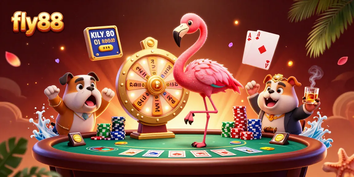 Spin the fly88 prize wheel with exciting characters in a vibrant casino scene filled with poker elements.