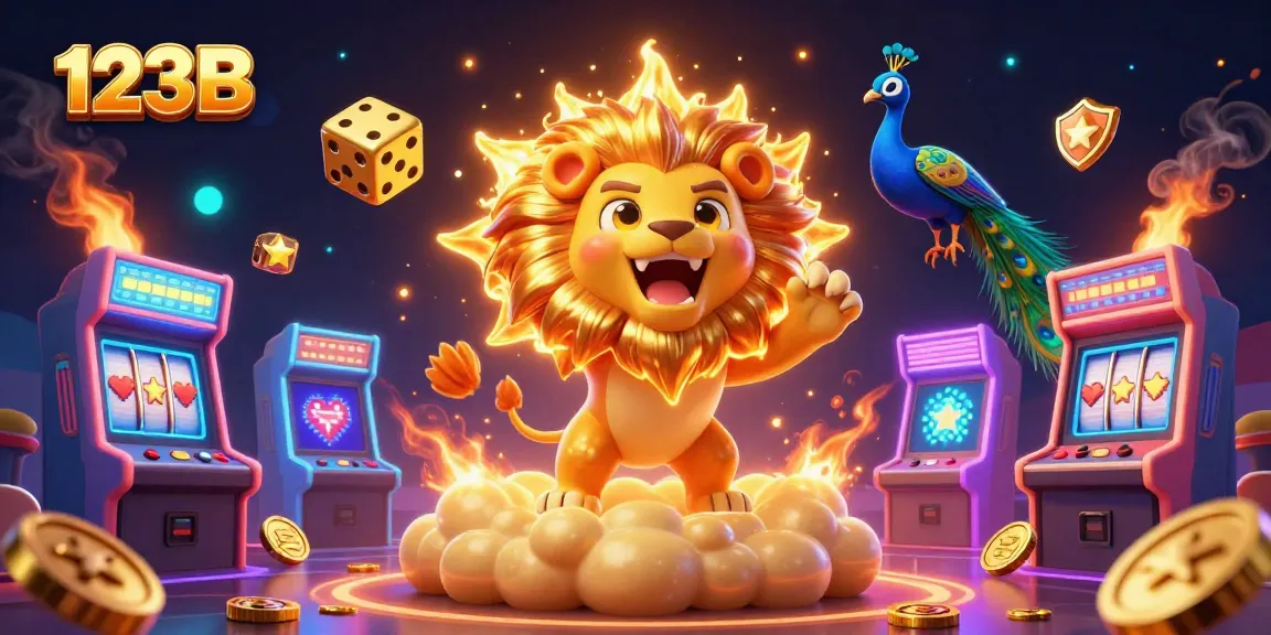 Engage with the vibrant 123B themed casino scene featuring a roaring sun lion and dynamic game elements.
