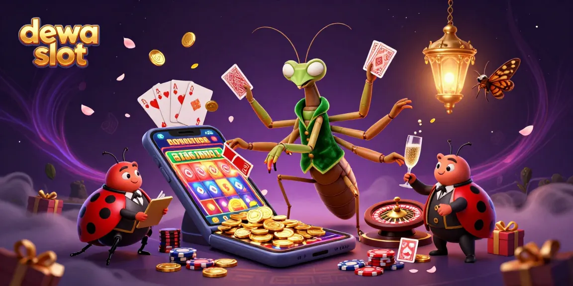 Winning with Dewa Slot: A 3D illustration depicts a giant praying mantis card sharp, engaging in vibrant casino activities.