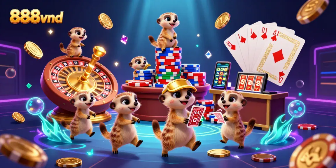 Experience the excitement of 888vnd with charming meerkats in a vibrant casino scene full of games and treasures.