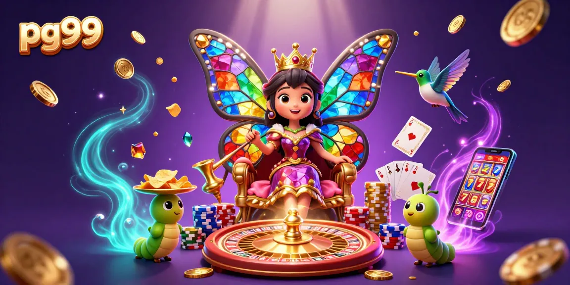 Experience the captivating world of pg99 with a butterfly queen in a vibrant casino scene.