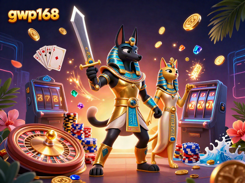 Mengalami permainan slot menarik di gwp168 dengan Anubis dan Bastet di latar belakang kasino.