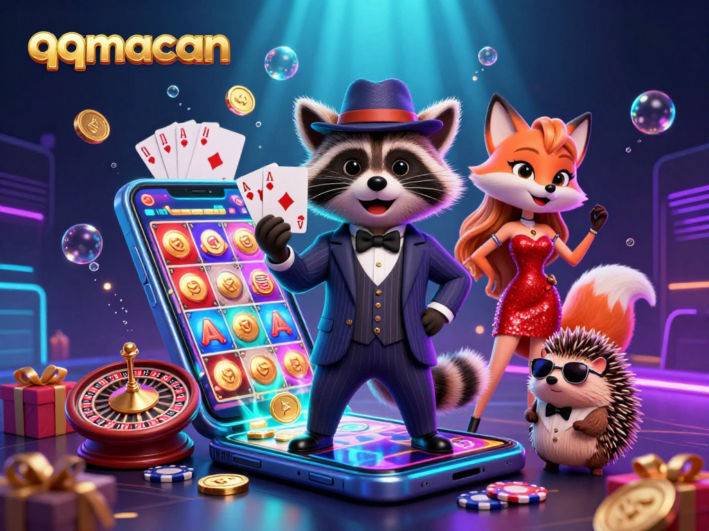 Experience exciting gameplay with qqmacan, featuring a charming raccoon, fox lady, and hedgehog in a vibrant casino scene.