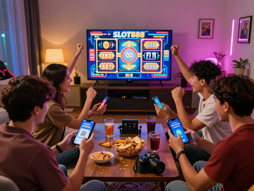SLOT resmi experience with friends engaging in online gaming, enjoying interactive slot game celebration.