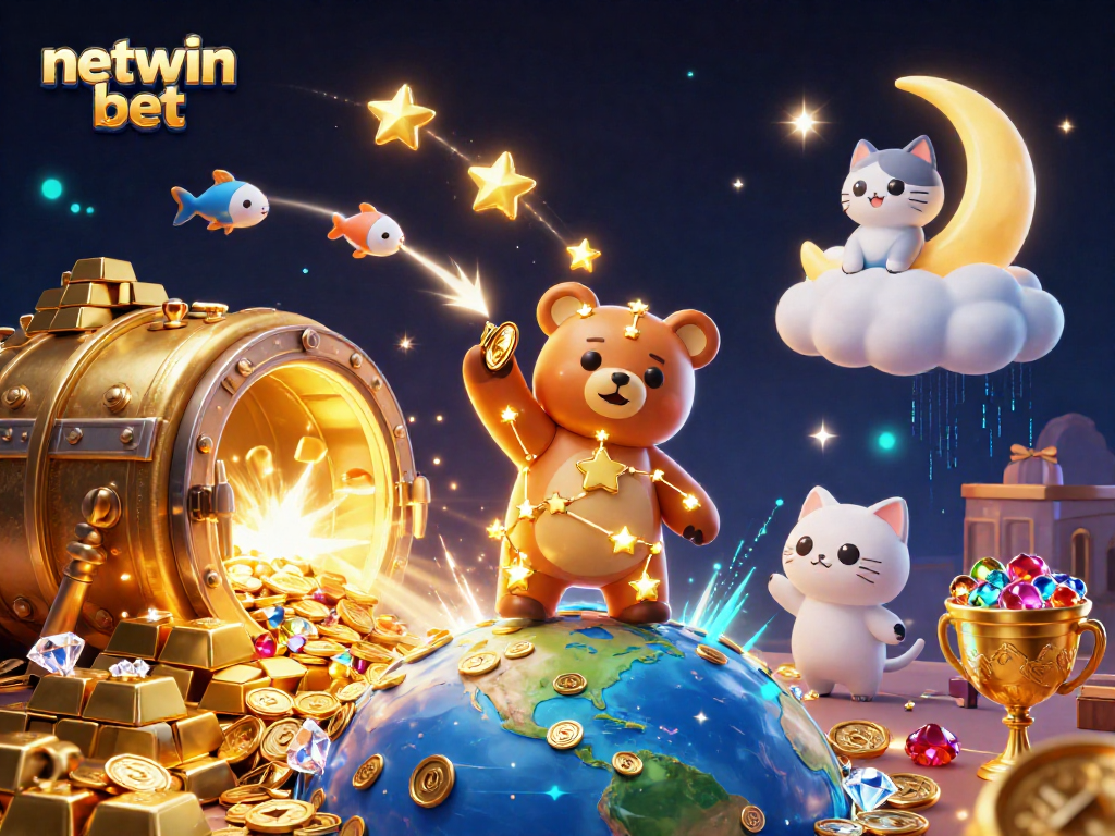 Engage in thrilling gameplay with netwin bet as a constellation bear scoops coins from Earth amidst treasures.
