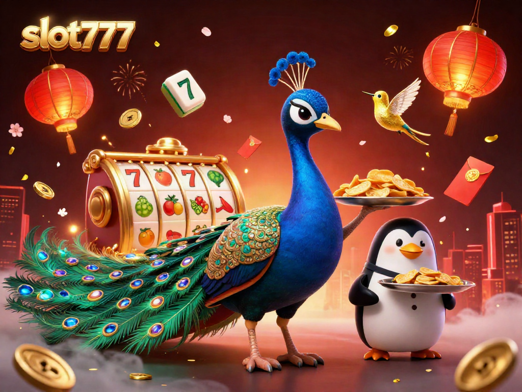 Menangkan jackpot dengan slot777 dalam ilustrasi kasino dengan burung merak dan penguin pelayan.