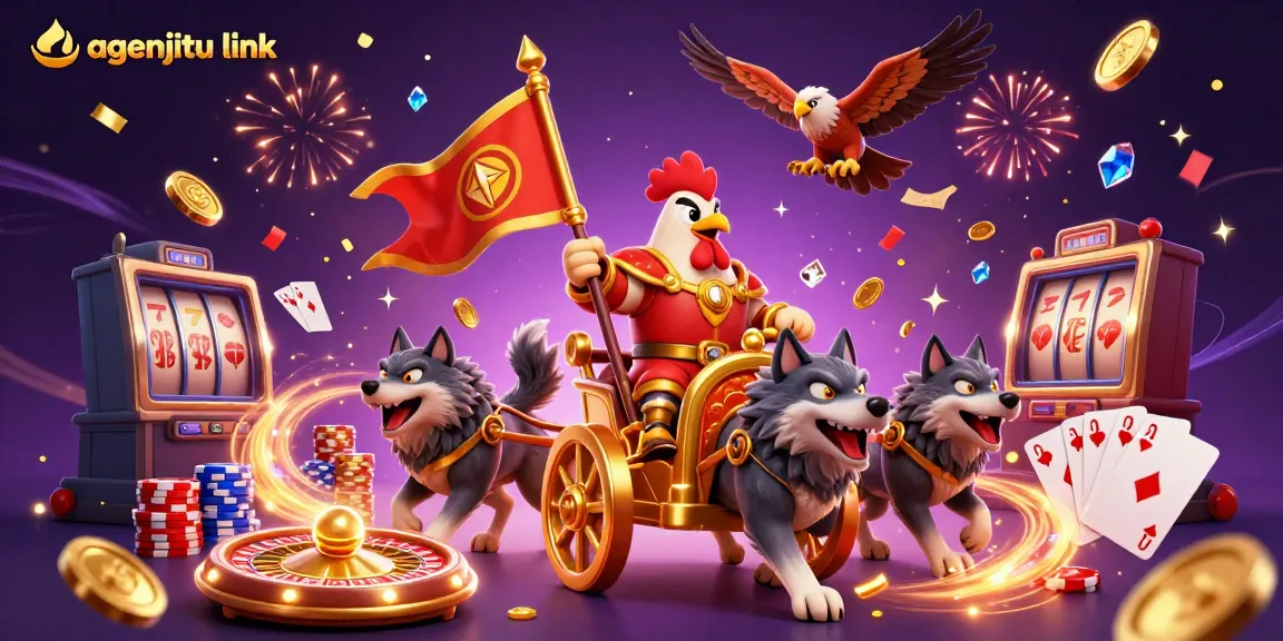 Gambar ilustrasi 3D agenjitu link yang menampilkan ayam jantan dan kereta emas dengan permainan kasino.