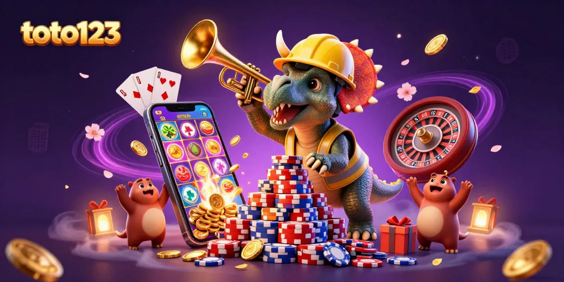 Toto123 celebrates with a triceratops and parasaurolophus in a vibrant casino scene full of games.