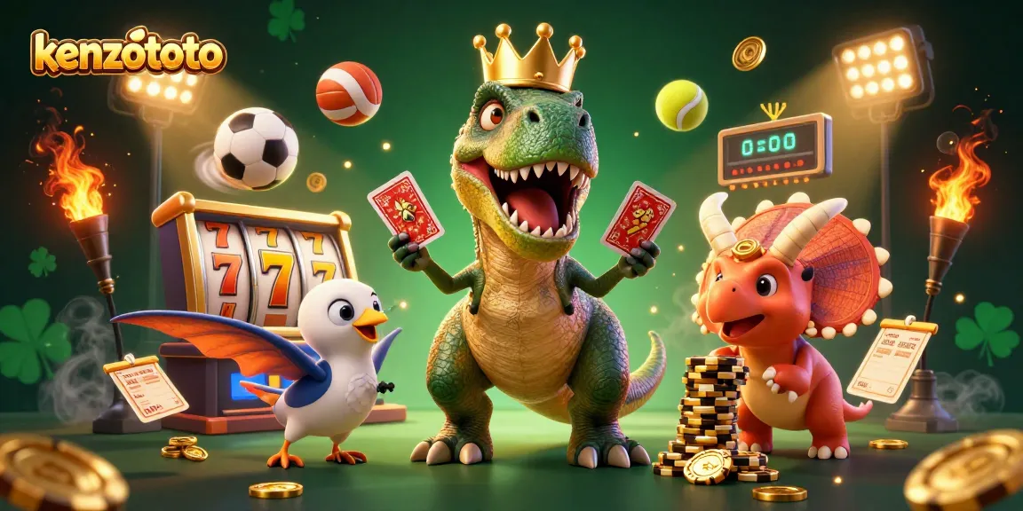 Experience kenzototo with dynamic characters enjoying thrilling online slots in an action-packed illustration.