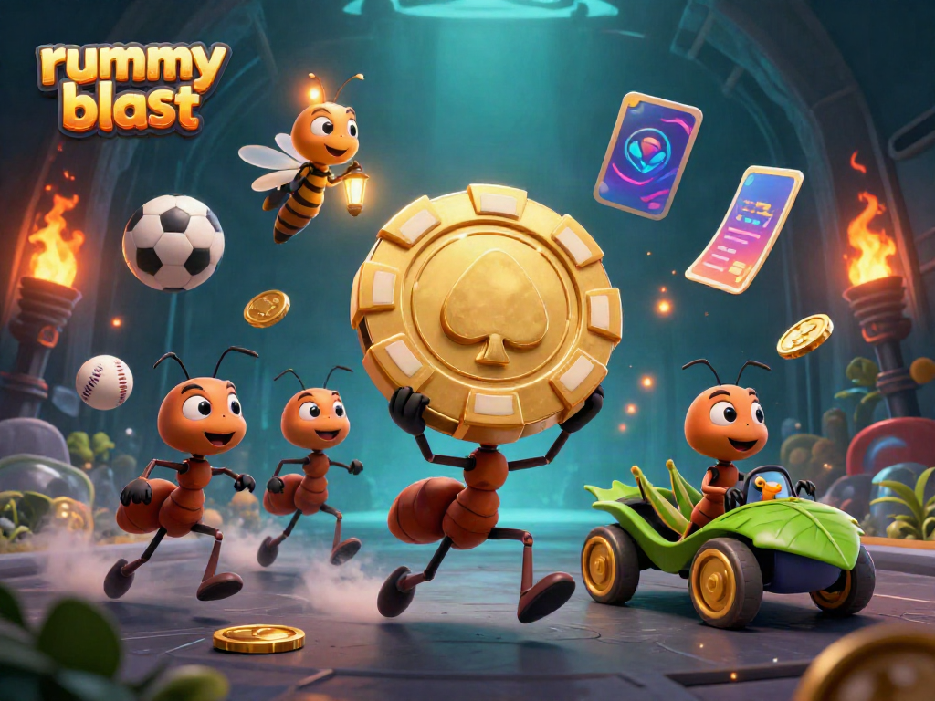 Play rummy blast with engaging characters and vibrant casino elements in a dynamic scene.