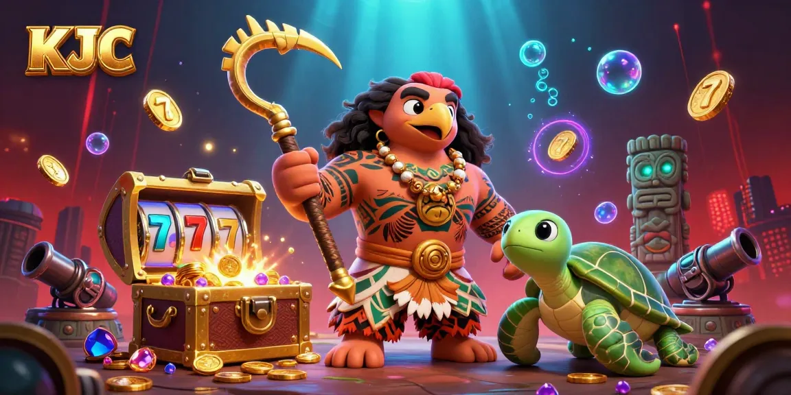 KJC brings excitement to players amidst a vibrant casino scene with spinning slots and gold treasure.