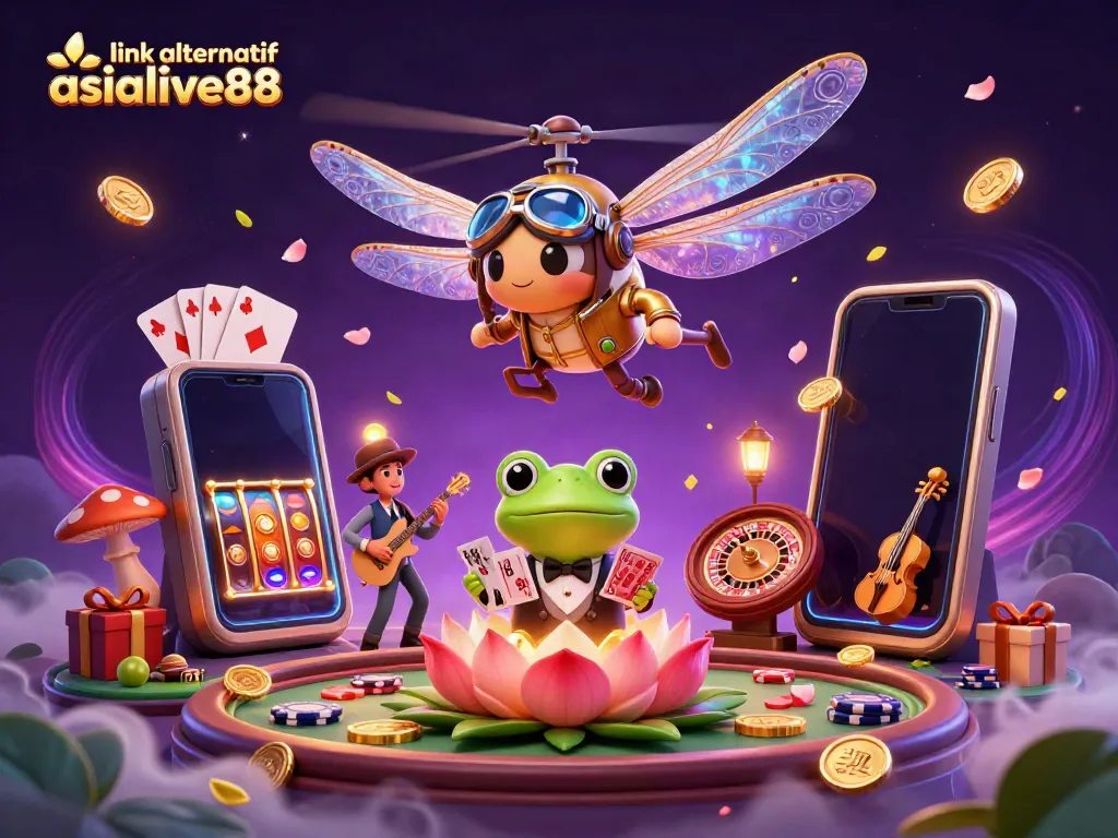 Engage with link alternatif Asialive88 through a whimsical casino adventure illustration.
