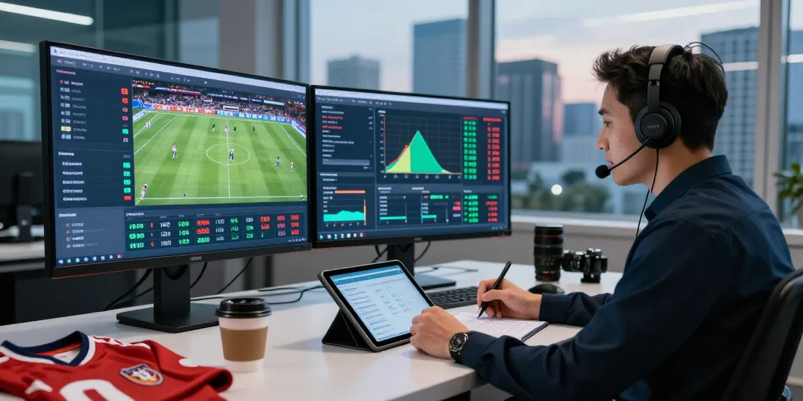 Real-time kèo nhà cái analysis in a modern sports betting studio with dynamic statistics.