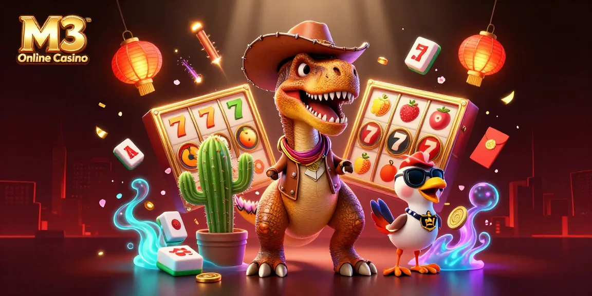 M3 Online Casino invites players to spin the reels with an action-packed, colorful illustration.