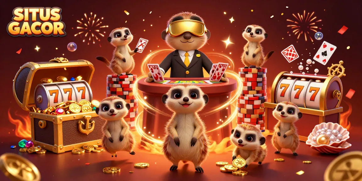 SITUS GACOR reveals a vibrant 3D scene with meerkats managing a casino, showcasing slot reels and festive decorations.