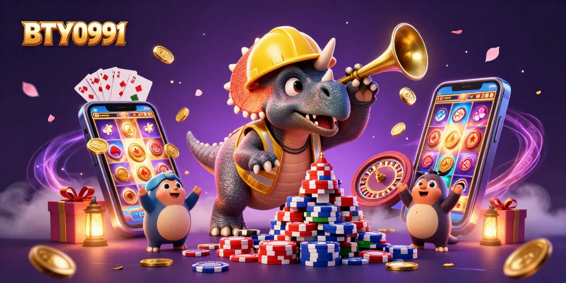 BTY0991 showcases a lively casino scene with characters celebrating, surrounded by dynamic slot games.