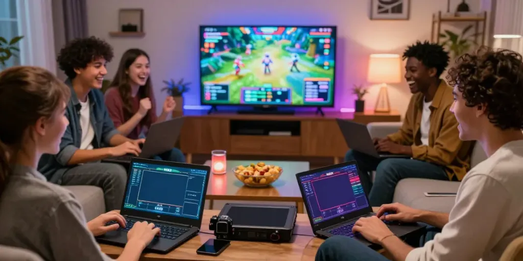 Friends playing unsurtoto game online in a vibrant living room.