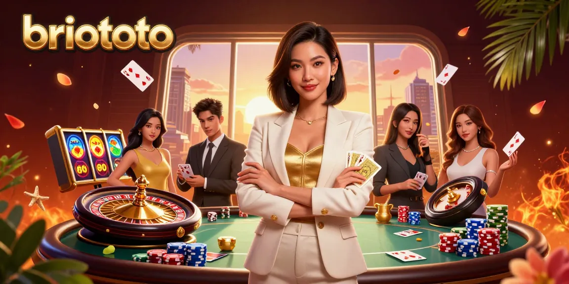 Briototo showcases a glamorous Asian woman expertly playing cards surrounded by dynamic casino elements.