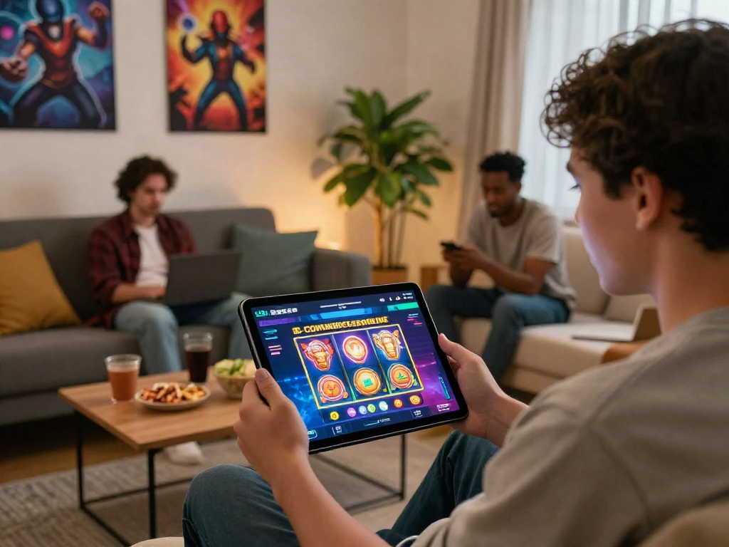 Interactive slot deposit qris game on tablet in cozy living room.
