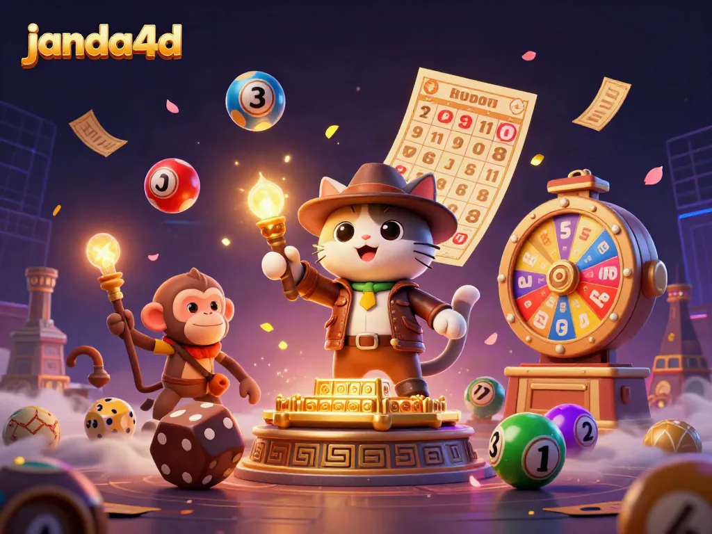 JANDA4D menghadirkan ilustrasi 3D yang penuh warna dengan simbol permainan dan petualangan.