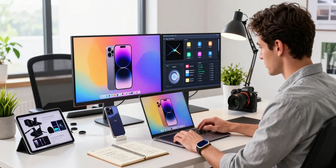 Tech enthusiast exploring features of the iPhone 17 in a modern workspace filled with tech gadgets and bright natural light.