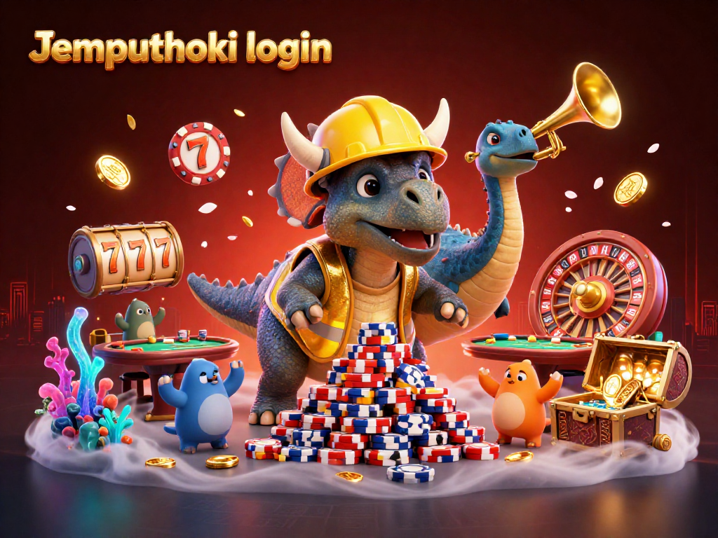 Engage with Jemputhoki login as a triceratops builds poker chips amidst casino elements.